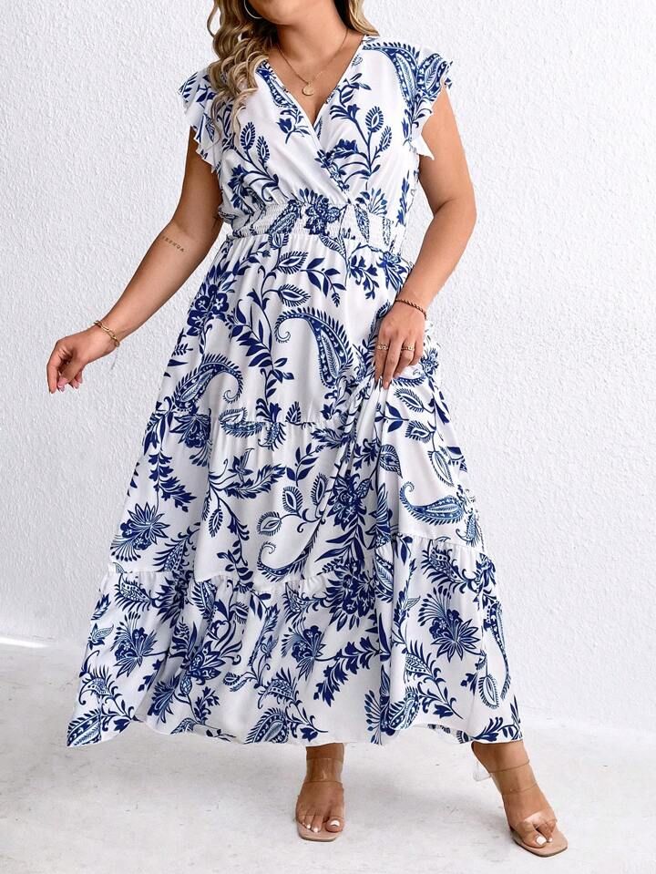 Plus Size Full Printed Wrap Neckline Dress | SHEIN