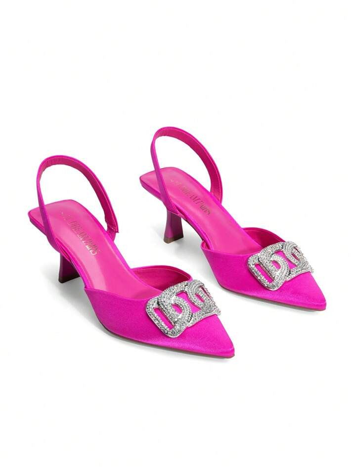 Women's Rhinestone Buckle Pointed Toe Kitten Heels Slingback Pumps Fashionable Satin Wedding/Prom... | SHEIN