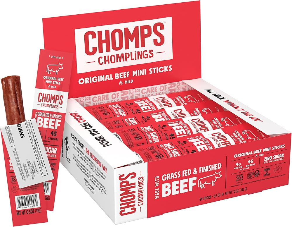 CHOMPS MINI Grass Fed Beef Jerky Meat Snack Sticks, Keto, Paleo, Whole30 Approved, Sugar Free, Lo... | Amazon (US)