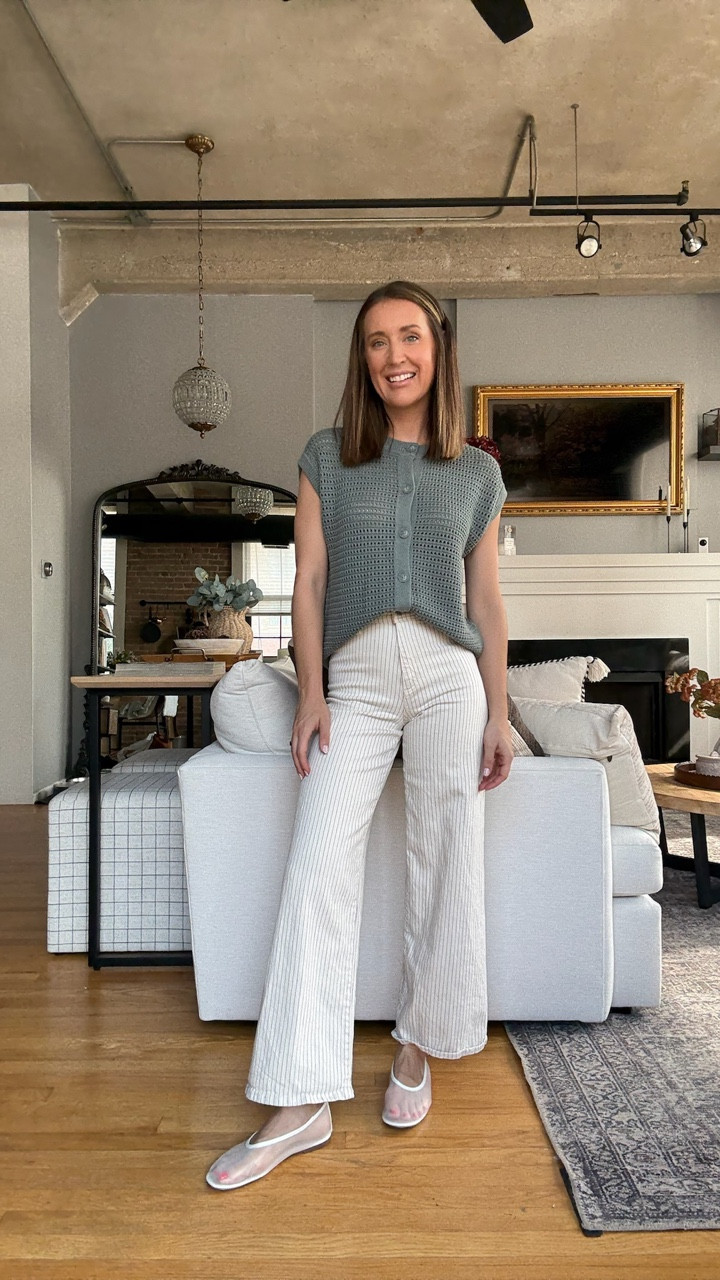 Target Tuesday fall fashion haul! Love this teacher outfit with white sailor jeans and olive green buttons down sweater vest with white mesh ballet flats. Preppy outfit. 

#LTKFindsUnder50 #LTKWorkwear #LTKOver40