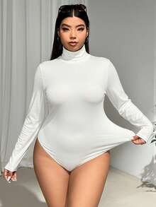SHEIN EZwear Plus Size Women Long Sleeve White Turtleneck Bodysuit | SHEIN