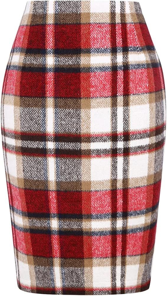 IDEALSANXUN Midi Plaid Skirts for Women 2023 Fall Winter Knee Length Pencil Wool Skirt with Slit | Amazon (US)