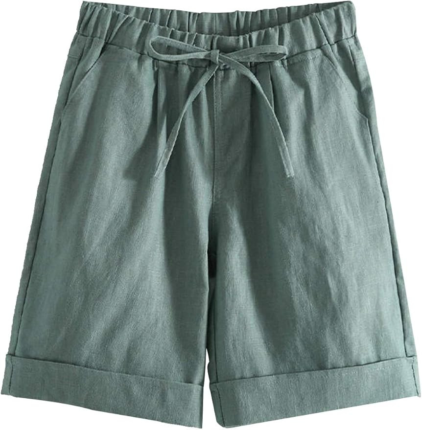 Tanming Women's Summer Casual Elastic Drawstring Rolled Hem Bermuda Shorts with Belt | Amazon (US)