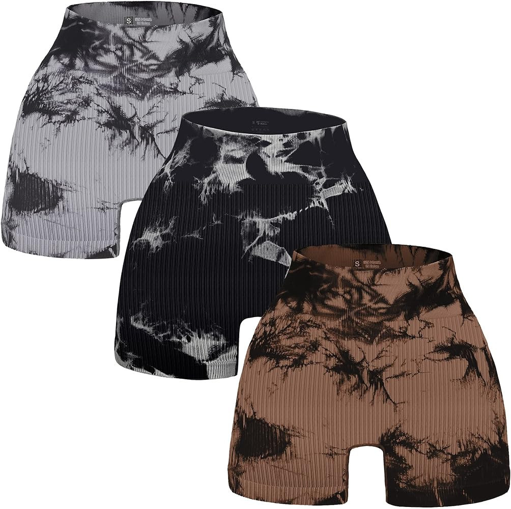3 Piece Tie Dye Ribbed Workout Shorts for Women Seamless Gym Athletic Yoga High Waist Shorts | Amazon (US)