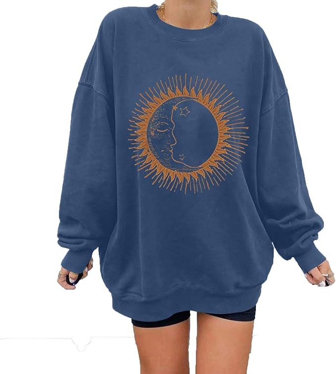Women's Sweatshirt Oversized Vintage Moon Sun Long Sleeve Crewneck Graphics Loose Pullover Tops b... | Amazon (US)