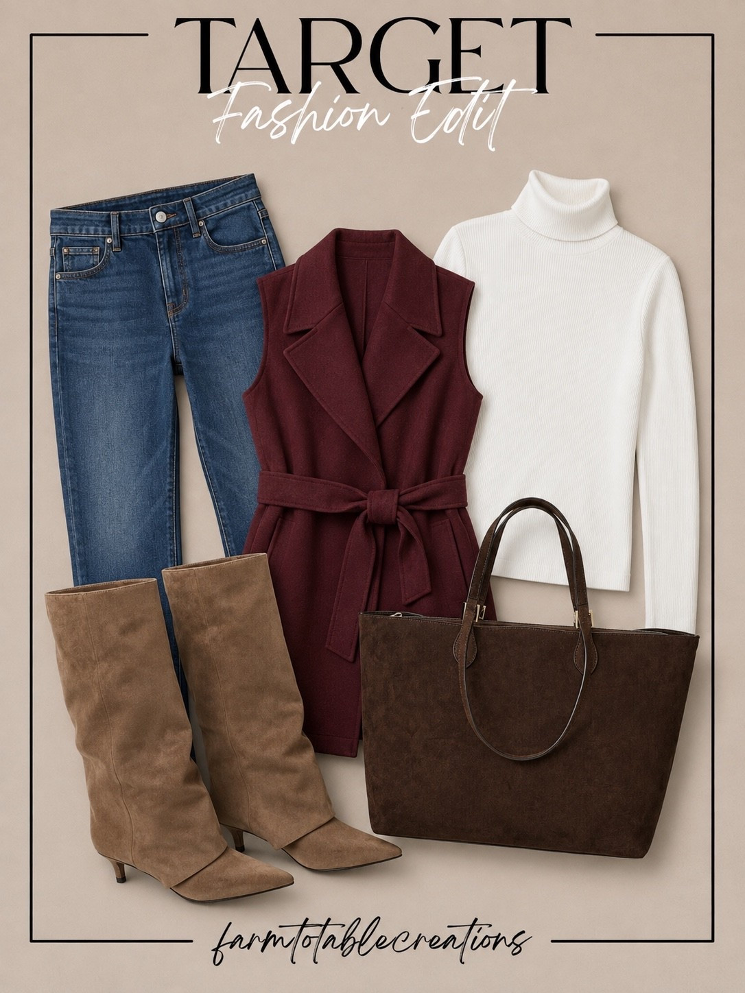 Target Elevated Fall Fashion 🤎🍷

This Target fall outfit is the perfect mix of polished and effortless. Classic denim and a crisp ivory turtleneck pair beautifully with the rich burgundy belted vest, while taupe boots and a chocolate brown tote bring in those warm, luxe-looking fall tones.

Follow @farmtotablecreations on Instagram for more cozy home finds and trending decor.

I love this combination for work, brunch, date night or any fall day when you want to feel a little more put together. Each piece is versatile enough to mix with basics already in your closet, making this an easy fall capsule-worthy look.

#LTKStyle #TargetStyle #TargetFinds #TargetFashion #TargetFashionFinds #FallFashion #FallOutfit #FallStyle #AffordableFashion #WorkwearStyle #CasualChic #FallWardrobe #BurgundyStyle #NeutralFashion #LTKFinds

#LTKSeasonal #LTKHome #LTKOver40