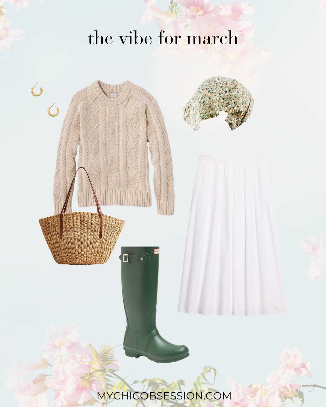 We're loving this vibe for March! Think cottagecore, gardening, cozy fisherman sweaters, white poplin skirts, florals, bandanas, rain boots, woven basket totes, and gold jewelry. Let this easy, feminine look inspire your spring outfits. 

 #LTKSeasonal #LTKStyleTip #LTKShoeCrush