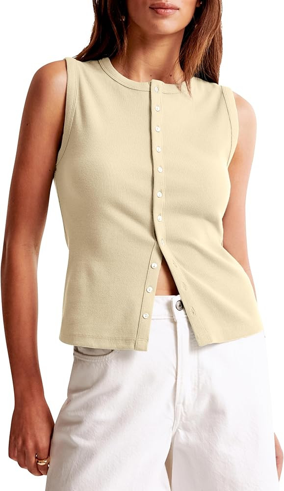 BAIGRAM Women Button Down Fitted Ribbed Tank Tops Cute Summer Sleeveless Vest Tops Going Out Y2K ... | Amazon (US)