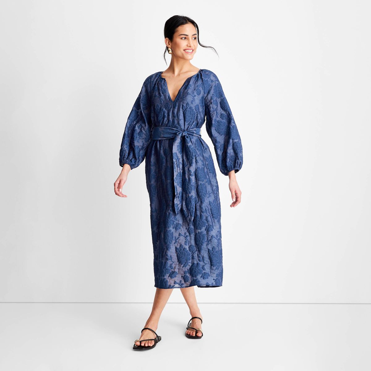 Women's Puff Sleeve Belted Midi Dress - Future Collective™ with Jenny K. Lopez Navy Blue XXS | Target
