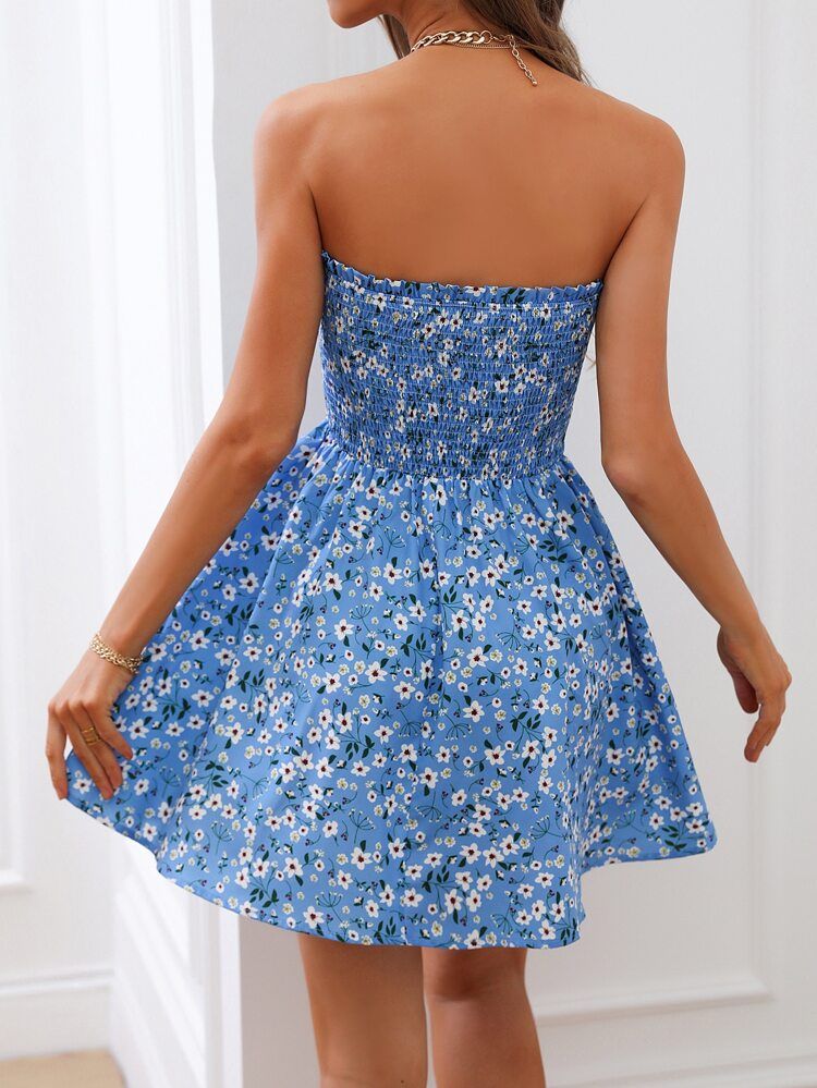 Ditsy Floral Shirred Frilled Backless Tube Dress | SHEIN
