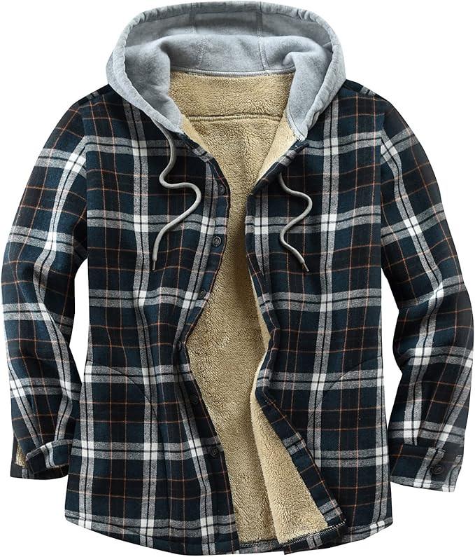 Men's Cotton Plaid Shirts Jacket Fleece Lined Flannel Shirts Sherpa Button Down Jackets with Hood... | Amazon (US)