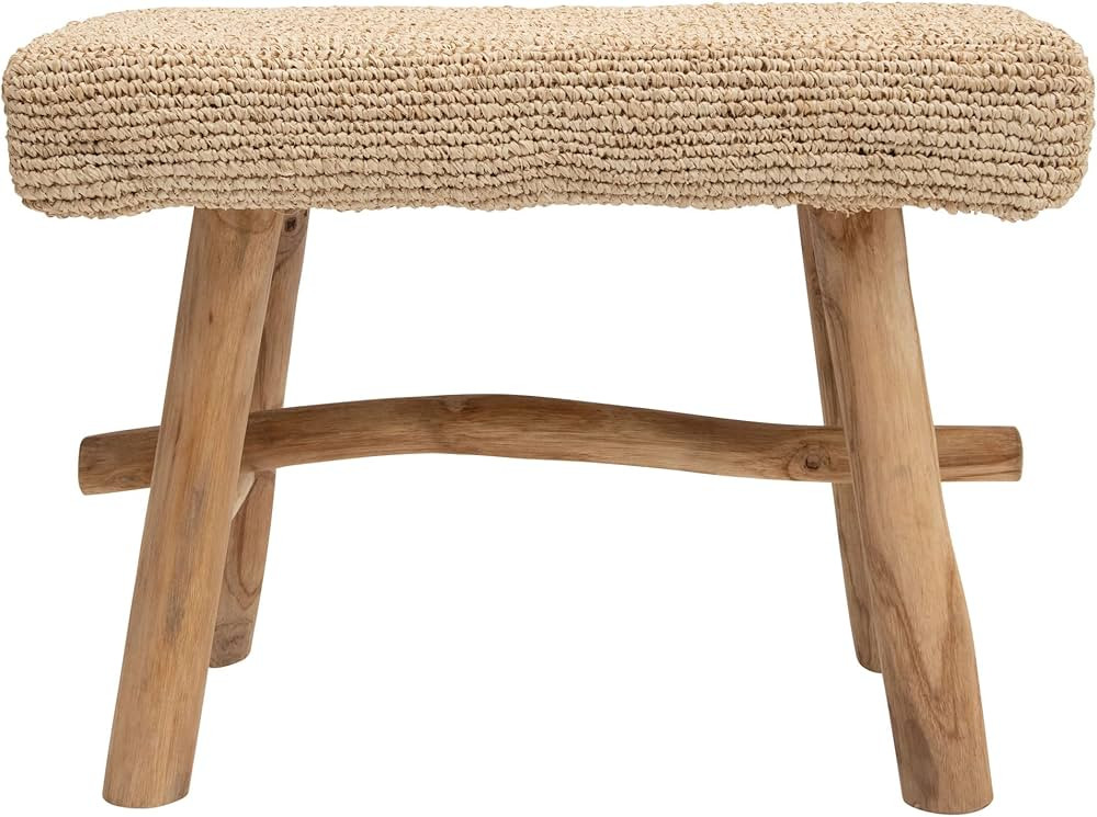 Creative Co-Op 25.25" W Woven Mendong Covered Teak Wood Legs Stool, Tan | Amazon (US)