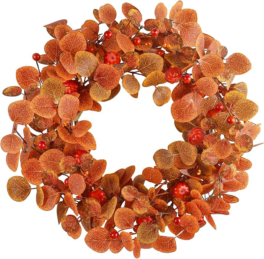 Fall Wreaths for Front Door Decor, 18 Inch Artificial Eucalyptus Wreath with Mini Pumpkins Berry ... | Amazon (US)