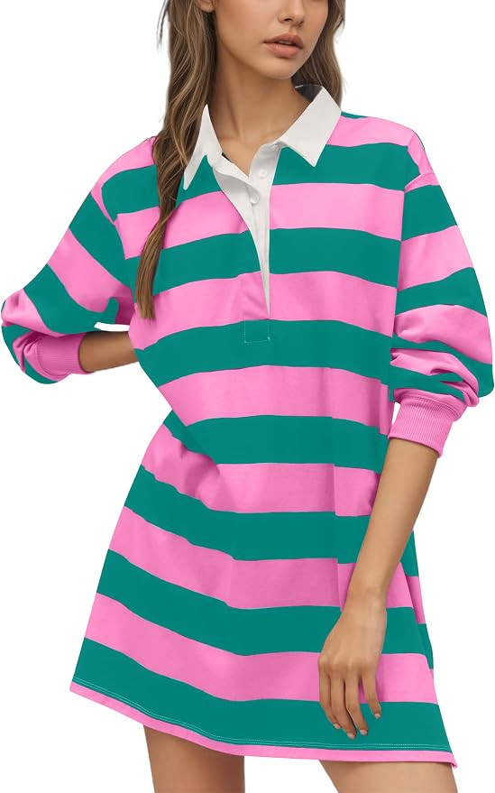Women’s Striped Polo Sweatshirt Dress Fall Half Button Front Long Sleeve Collared Loose Fit Cas... | Amazon (US)