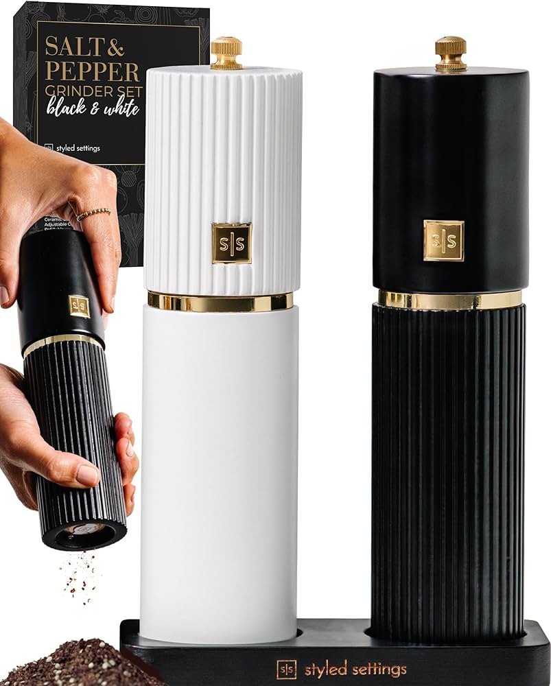 Styled Settings White and Black Salt and Pepper Grinder Set with Gold Accents – Set of Two Refi... | Amazon (US)