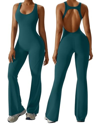 OEAK Womens Flare Jumpsuit with Bra Tummy Control Cutout Romper Workout Outfit Sleeveless Unitard One Piece Backless Bodysuit Blackish Green M | Amazon (US)