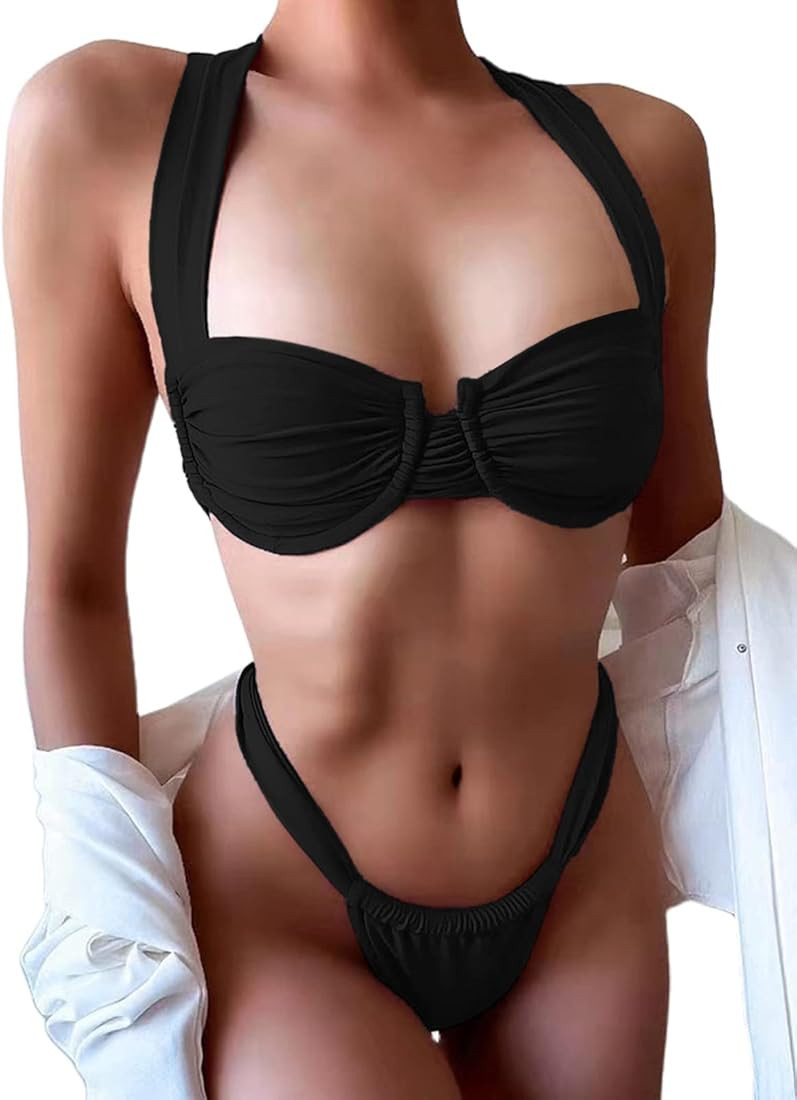 Women's Ruched Bikini Set Criss Cross Back High Cut Swimsuit 2 Piece Bathing Suit | Amazon (US)
