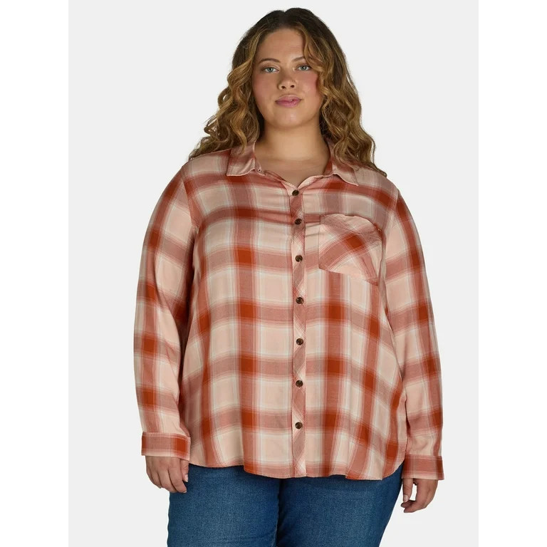 Terra & Sky Women's Plus Plaid Button-Down Shirt, Sizes 0X-5X - Walmart.com | Walmart (US)