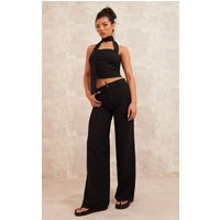 Black Linen Look Low Rise Tailored Pants | PrettyLittleThing CAN