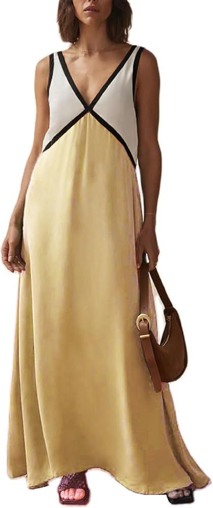 KMBANGI Women Y2k Floral V Neck Maxi Dress Flowy Sleeveless Satin Patchwork Long Dress Elegant Bo... | Amazon (US)