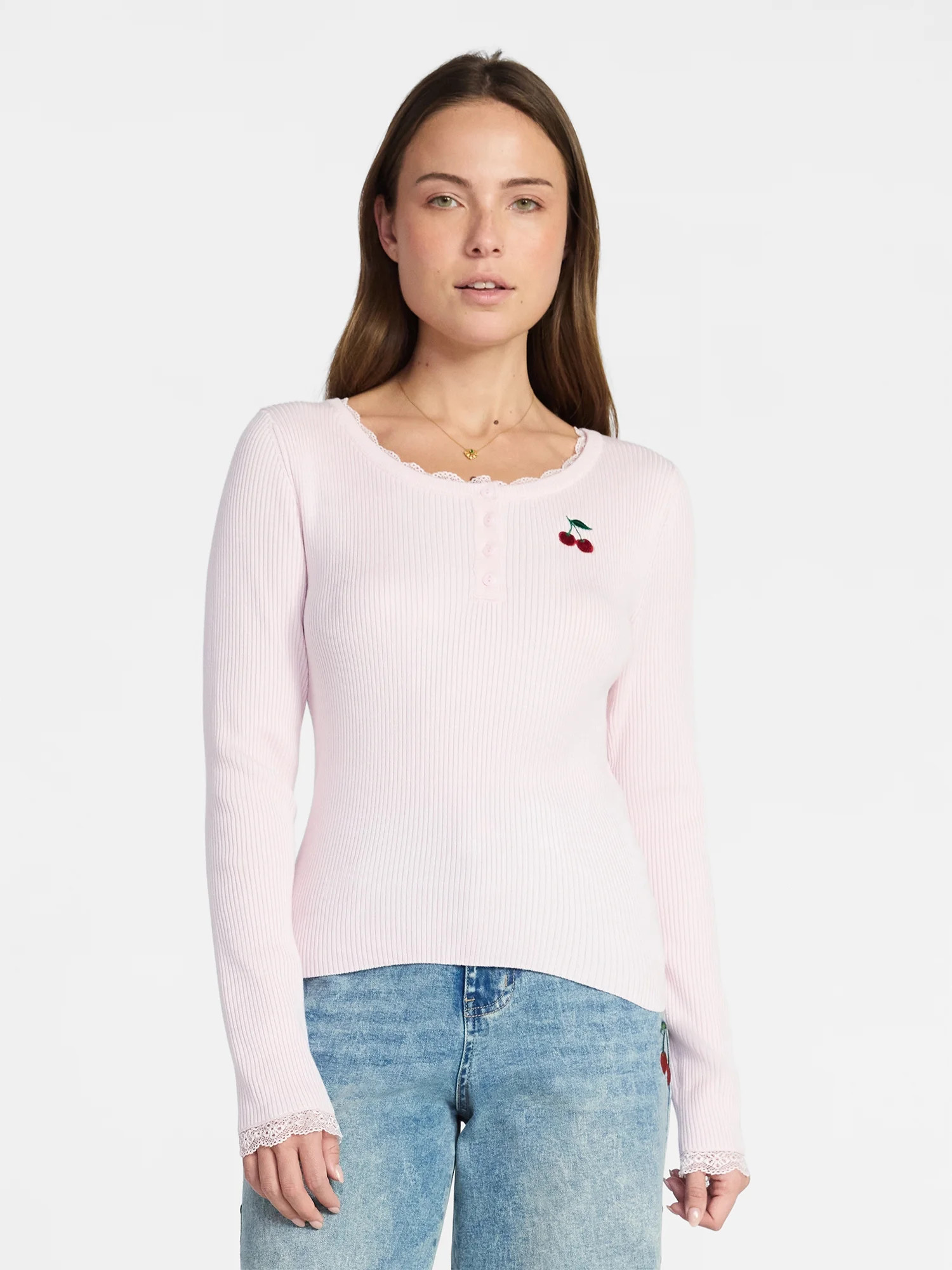 Madden NYC Women's Lace Trim Long Sleeve Henley Top, Sizes XXS-XXL | Walmart (US)