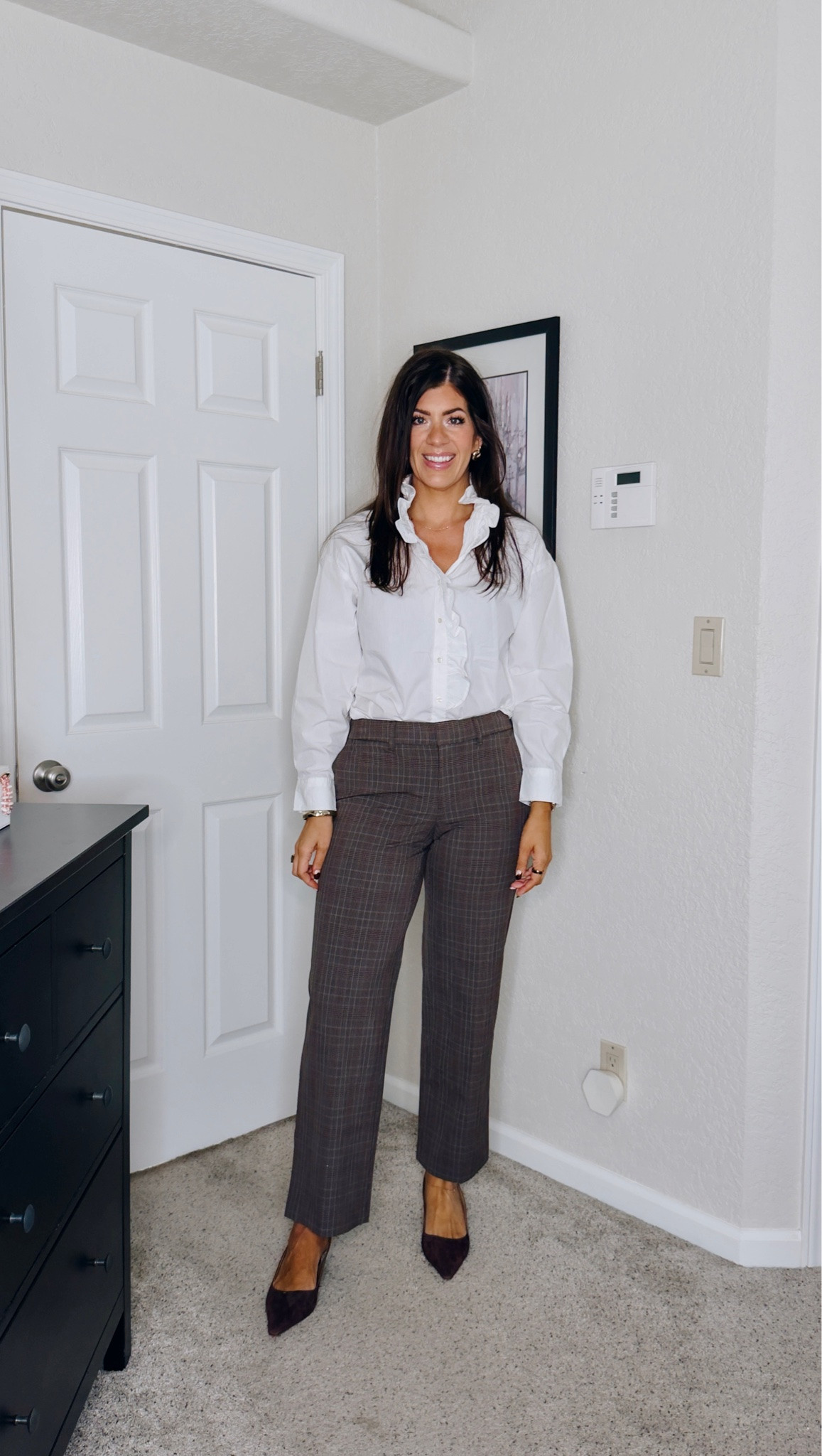 Fall try on
Size down in ruffle top- runs huge (in a small)
In 10 trouser

#LTKMidsize #LTKTall #LTKWorkwear