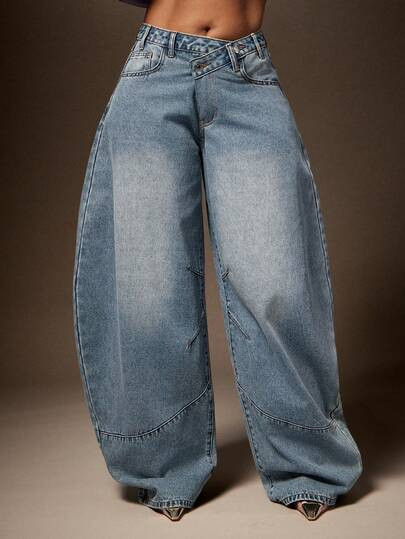 Vixey Asymmetrical Waist Barrel Wide Leg Denim Pants, Brunch, Day-To-Night, Day Date, Casual Chic | SHEIN