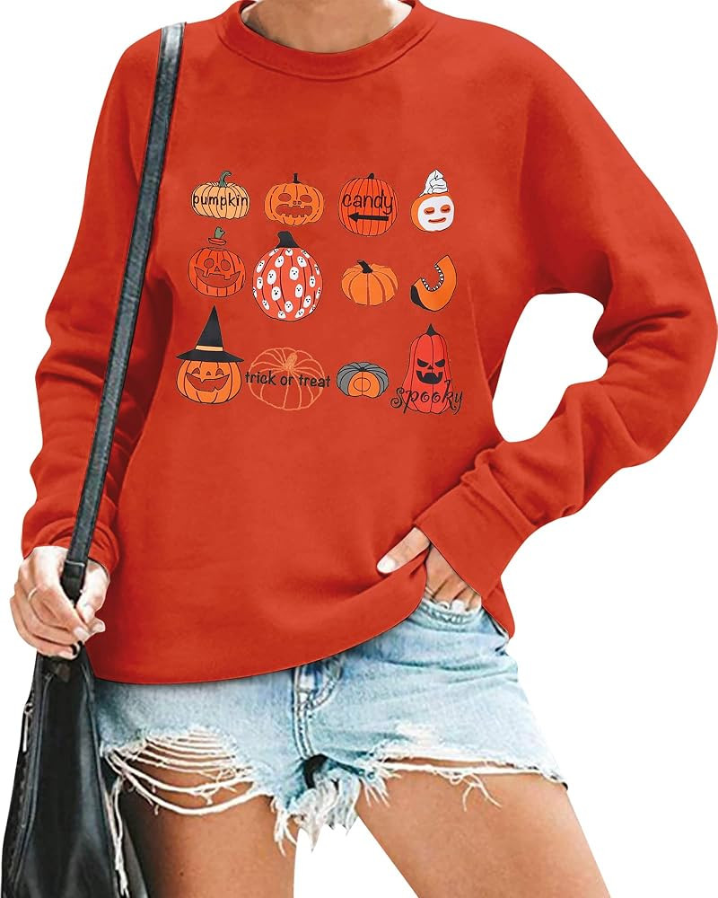 VILOVE Womens Halloween Pumpkin Sweatshirts Loose Graphic Crewneck Long Sleeve Casual Pullover Shirt | Amazon (US)