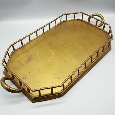 Brass Tray Faux Bamboo Rail Handles 20”x 10" MCM Hollywood Regency Octagonal VTG | eBay US