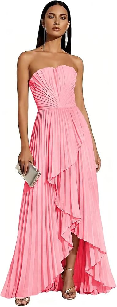 Strapless Bridesmaid Dresses for Women 2026 Pleated Satin Hi-Lo Formal Dress for Wedding Guest | Amazon (US)