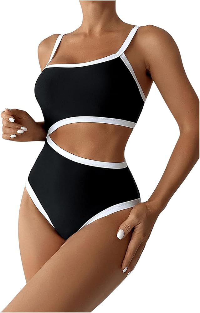 SweatyRocks Women's One Piece Swimsuit Cut Out Color Block Swimwear Spaghetti Strap Bathing Suit | Amazon (US)