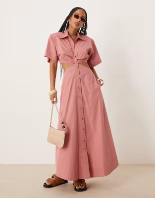 ASOS DESIGN v neck cut out waist shirt midi dress in dusty rose | ASOS | ASOS (Global)