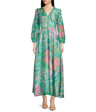 Abbey Glass Brooke Watercolor Floral Long Sheer Sleeve V-Neck Maxi Dress | Dillard's | Dillard's