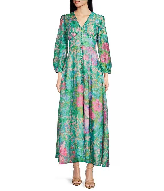 Brooke Watercolor Floral Long Sheer Sleeve V-Neck Maxi Dress | Dillard's