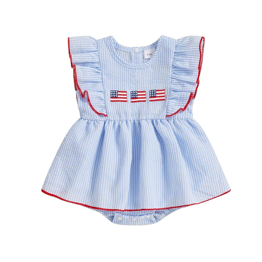 Baby Girl 4th of July Outfits Newborn Smocked Bubble Romper Bodysuit Ruffle American Flag Memoria... | Amazon (US)