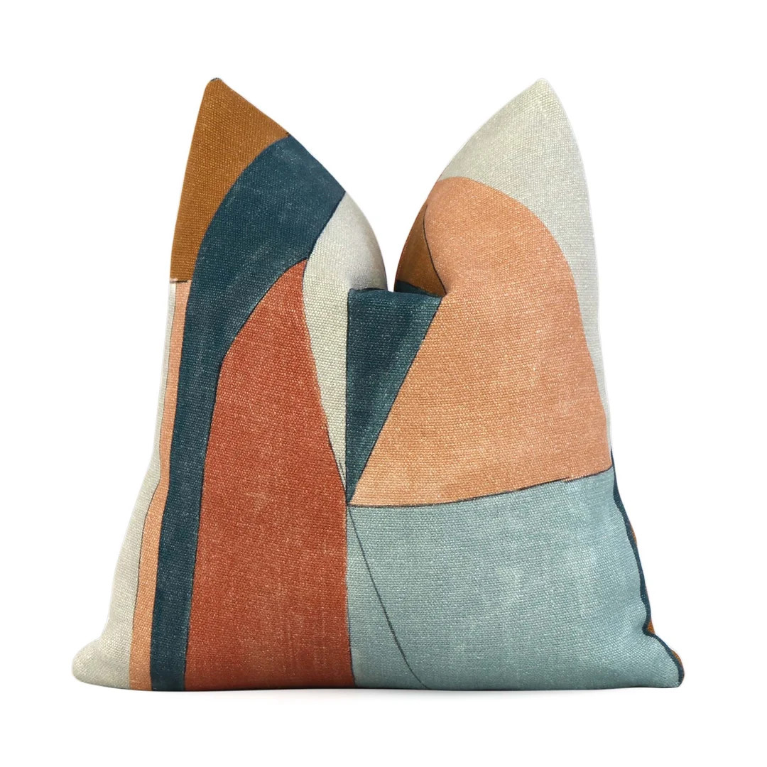 Teal, Apricot, Burnt Orange, Tan Color Block Decorative Designer Pillow Cover With Zipper, Linen ... | Etsy (US)