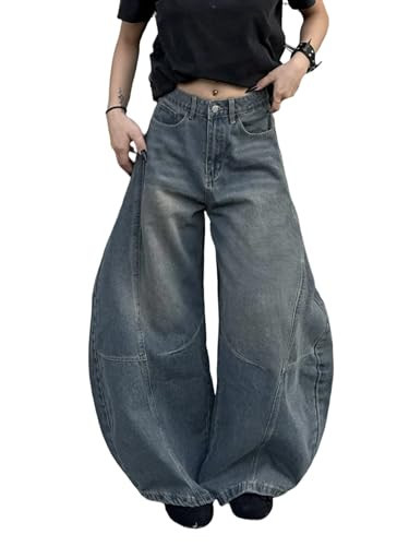 OYICAI Barrel Jeans for Women Wide Leg Mid Rise Loose Fit Y2k Baggy Boyfriend Jeans Denim Ankle Pants with Pockets Oversized Relaxed 2000s Skateboard Nostalgia,D16 Blue,Medium | Amazon (US)
