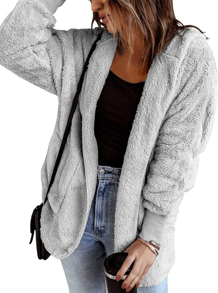Vetinee Women Casual Fuzzy Fleece Hooded Cardigan Pocket Faux Fur Outerwear Coat | Amazon (US)