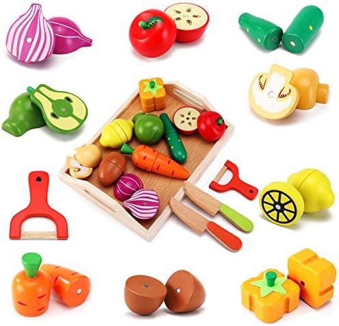 CARLORBO Wooden Toys Food for Kids Kitchen - Play Food Cutting Fruits and Vegetables Set for Pretend | Amazon (US)