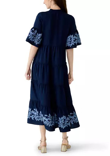 Women's Elbow Sleeve Multi Tiered Embroidered Midi Dress | Belk