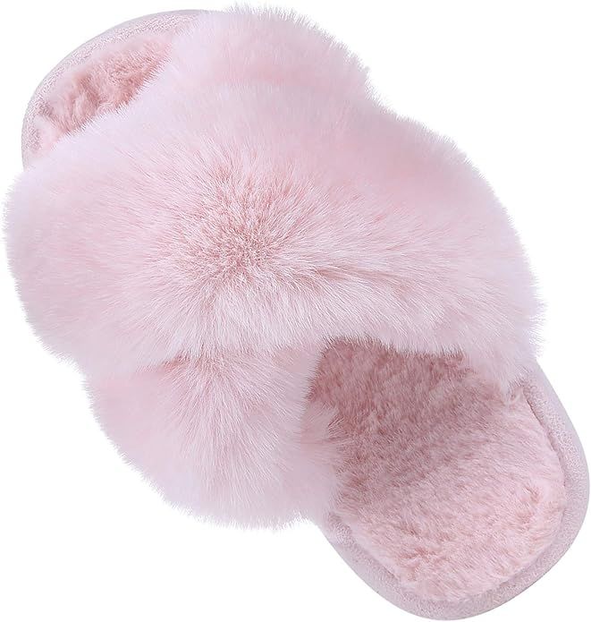 Girl's Soft Plush Lightweight House Slippers Non Slip Cross Band Slip on Open Toe Cozy Indoor Out... | Amazon (US)