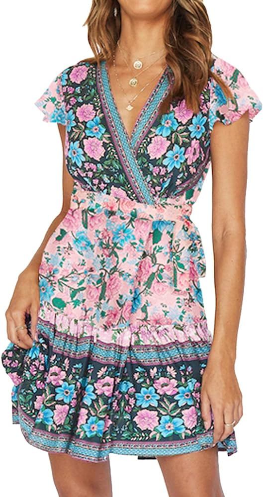 Women's Dresses Summer Wrap Bohemian Floral Printed Ruffle Hem Short Sleeve V-Neck Beach Mini Dre... | Amazon (US)