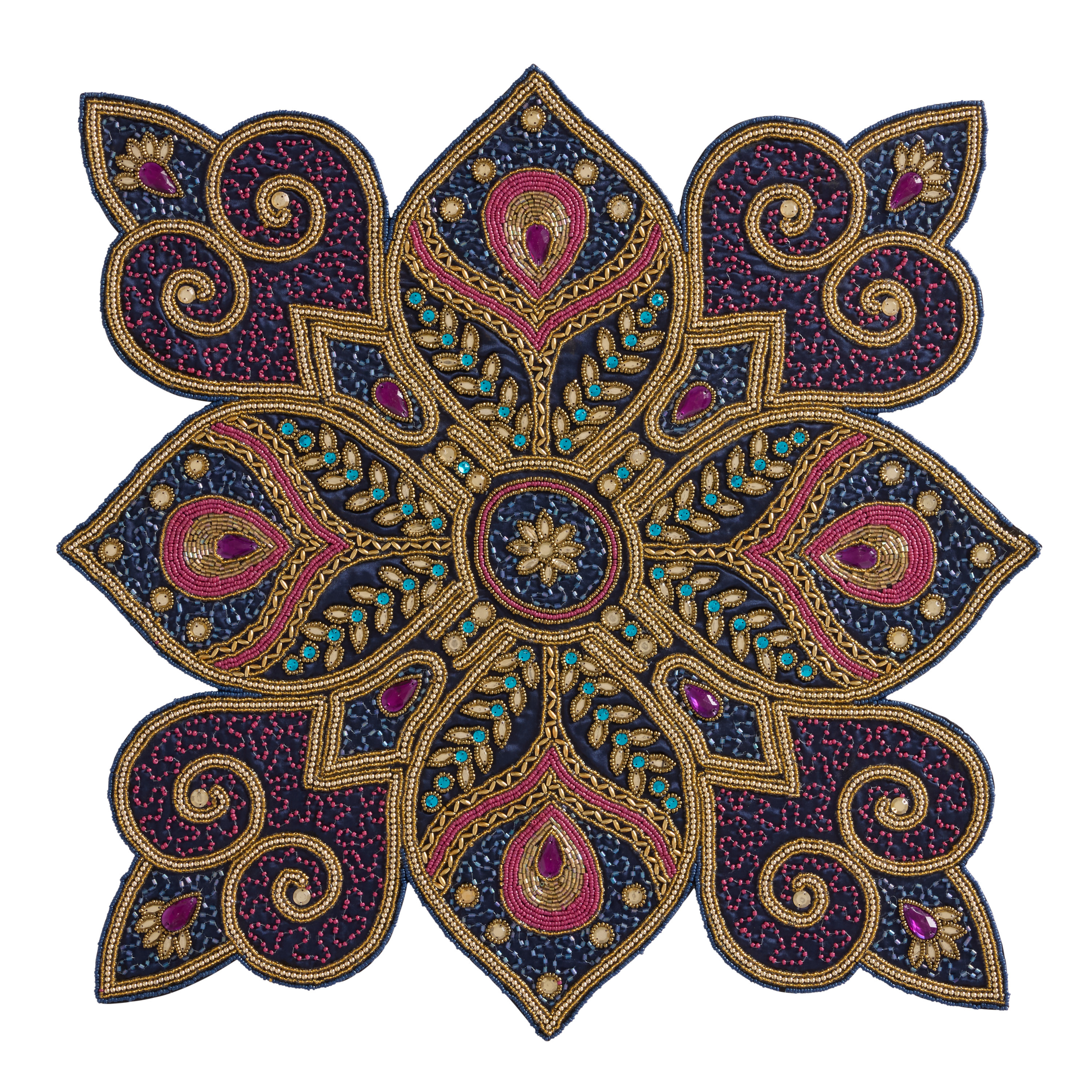 Oversized Maroon and Blue Rangoli Floral Beaded Placemat | World Market