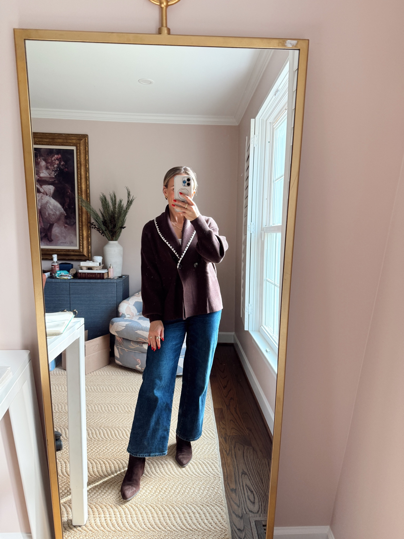 Suede booties - TTS

madewell dark wash jeans - TTS  but size up if you’re between sizes 

Varley cardigan - TTS

I wore this to the office d

#LTKootd #LTKPetite #LTKOver40