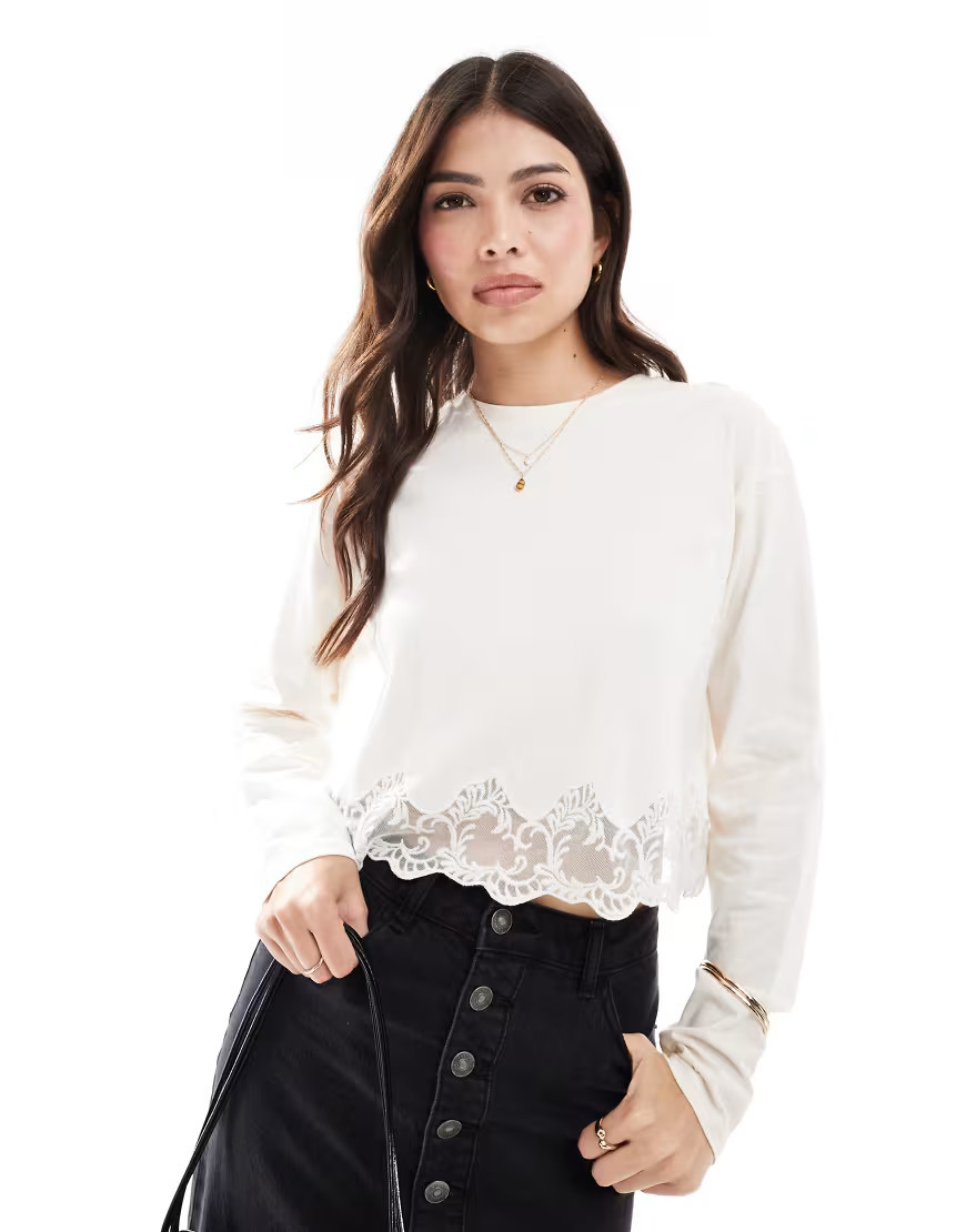 Miss Selfridge long sleeve lace hem detail top in cream-Neutral | ASOS (Global)