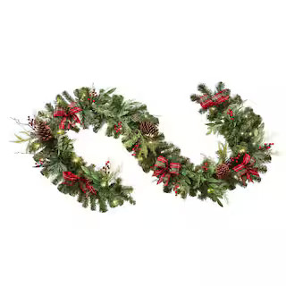 9 ft. Woodmoore Battery Operated Mixed Pine LED Pre-Lit Artificial Garland with Timer | The Home Depot