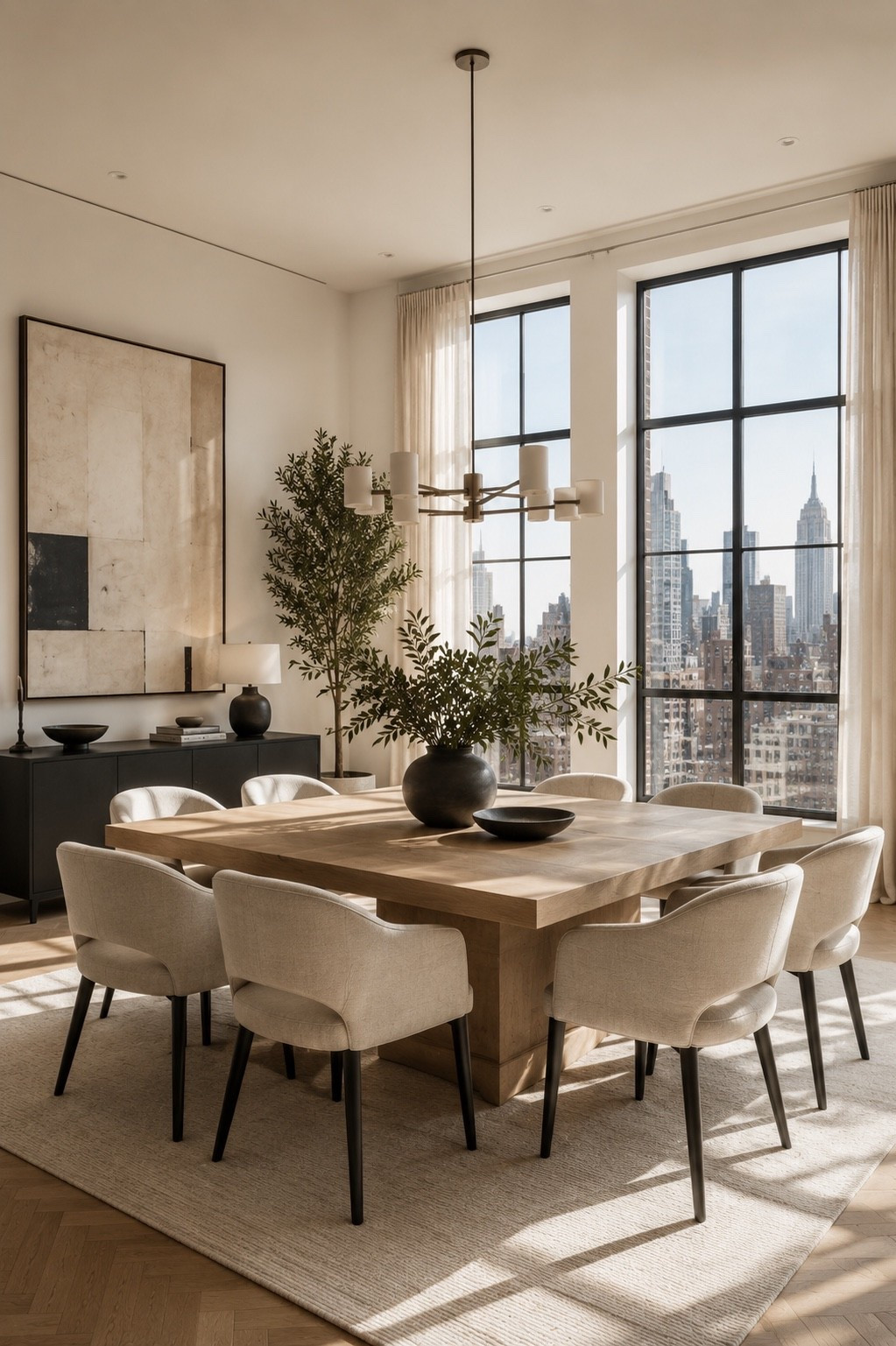 Bring timeless elegance into your home with this modern dining room featuring warm wood tones, sculptural upholstered chairs, oversized windows, and breathtaking New York skyline views. A clean, contemporary space designed for everyday luxury and effortless entertaining.

#diningroom #moderninterior #luxurydiningroom #diningroomdesign #modernhome #interiordesign #luxuryinteriors #homedecor #contemporarydesign #newyorkstyle #warmminimalism #woodinterior #neutralhome #designerhome #luxuryhome #diningdecor #interiorinspiration #ltkhome #amazonhome #homestyle