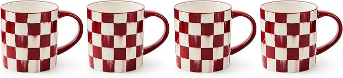 MACKENZIE-CHILDS Set of 4 Stoneware Mugs, Cute Tea and Coffee Mugs, 11 Ounces, Red-and-White Cher... | Amazon (US)