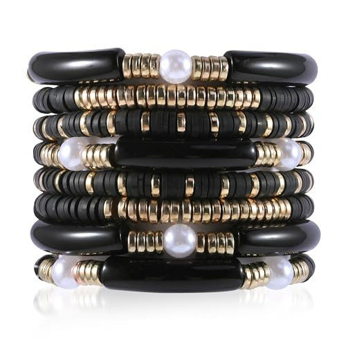 PIPITREE 8 PCS Black Clay Bead Bracelet for Women, Bohemian Stackable Bamboo Tube Bangle Bracelets Gold Beads Chunky Bracelets for Women | Amazon (US)