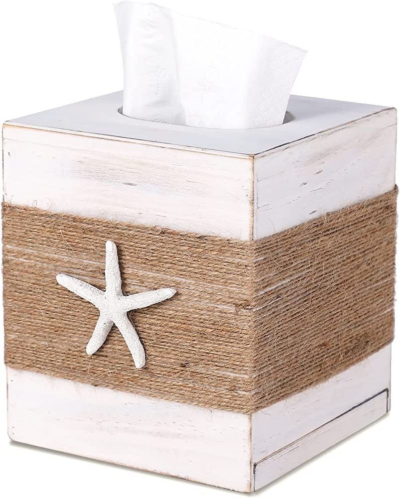 SOMTO Beach Rustic White Wood Square Tissue Box Cover,Farmhouse Bathroom Accessories Starfish Dec... | Amazon (US)